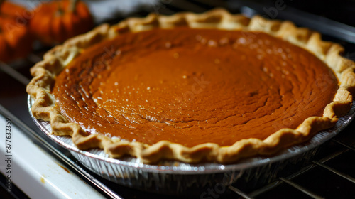 Freshly baked homemade pumpkin pie in a metal pie dish on an oven rack