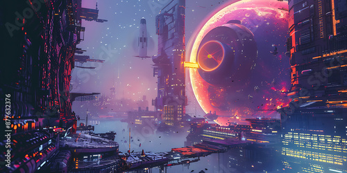 Futuristic cityscapes, neon lights, and a giant red planet create a cyberpunk aesthetic, evoking a sense of wonder and technological advancement. 