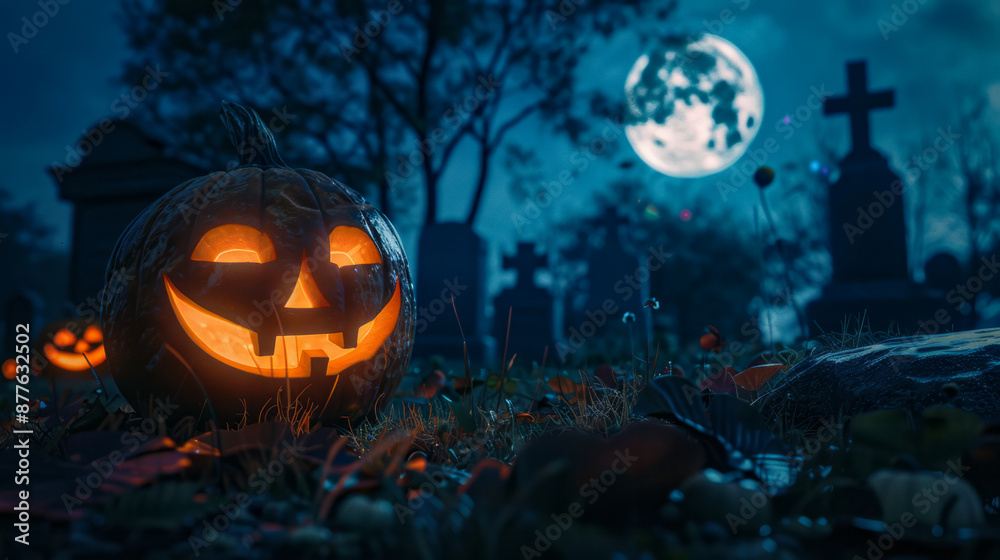 Naklejka premium Spooky Halloween Jack-o-Lantern in Moonlit Cemetery with Full Moon