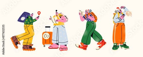 Cartoon characters tourists travelers. People on a hike with suitcases and bags are looking for a way using maps. Tourist mascot in the trendy bright retro style of the 90s
