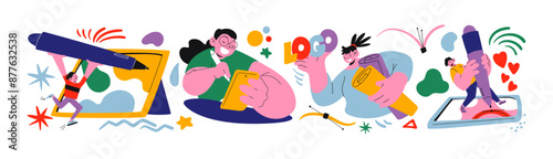 Cartoon characters graphic designers. trendy mascots are people who are involved in creativity and graphics. Vector set of graphic web design stickers