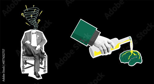 A business collage with a man in a suit. A hand pours from a bottle onto the brains. A business idea. Vector illustration collage.