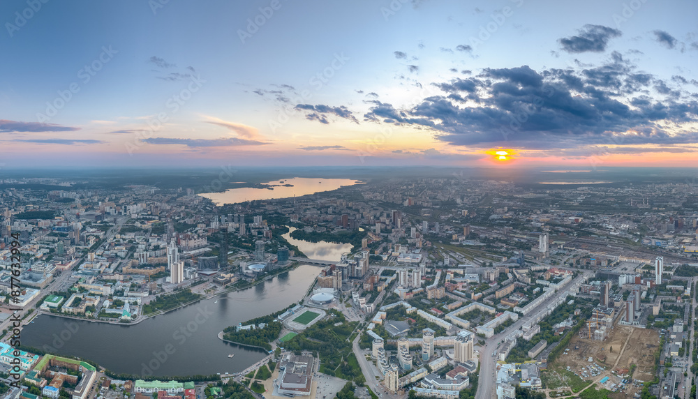Obraz premium Yekaterinburg aerial panoramic view in summer sunset. Ekaterinburg is the fourth largest city in Russia located in the Eurasian continent on the border of Europe and Asia.
