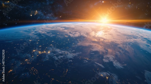 The sun is shining on the Earth, creating a beautiful and serene scene
