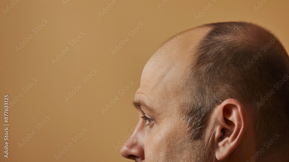 Fototapeta premium Baldness concept. Man with receding hairline on beige background, closeup