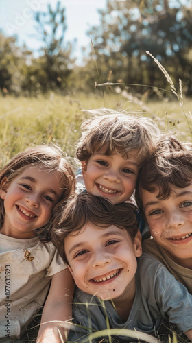 Group of happy children lying on grass in a sunny meadow, smiling together