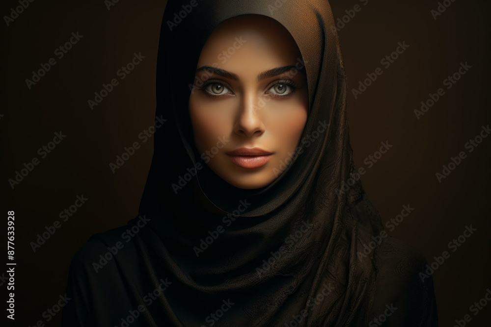 Portrait of a woman with striking features wearing a traditional hijab Portrait of a woman with striking features wearing a traditional hijab