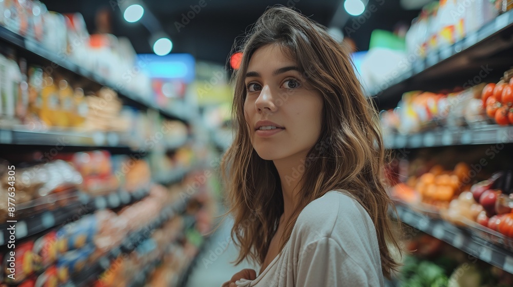 Woman shopping for groceries at a supermarket, Choosing Healthy Products In Mall Woman shopping for groceries at a supermarket, Choosing Healthy Products In Mall