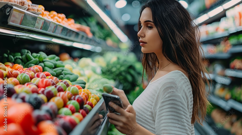 Woman shopping for groceries at a supermarket, Choosing Healthy Products In Mall Woman shopping for groceries at a supermarket, Choosing Healthy Products In Mall