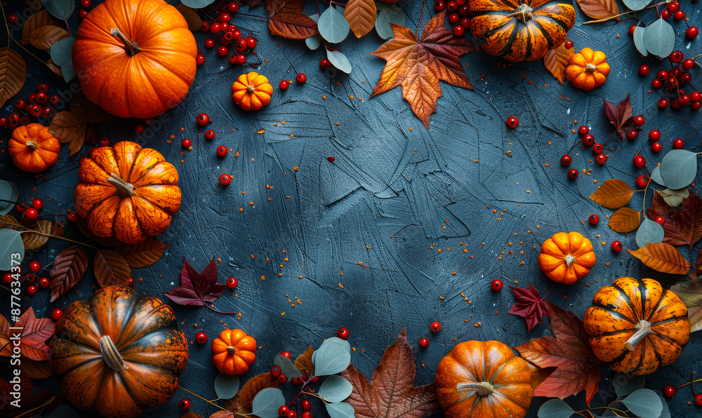 Autumn Background with Colorful Leaves, Pumpkins, and Berries on Dark Wooden Tabletop, Thanksgiving Seasonal Concept, Festive Decoration, Harvest Season, Copy Space Center Autumn Background with Colorful Leaves, Pumpkins, and Berries on Dark Wooden Tabletop, Thanksgiving Seasonal Concept, Festive Decoration, Harvest Season, Copy Space Center