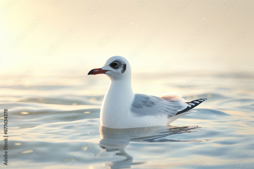 A lone seagull soars above the surface of a calm body of water, its feathers glistening in the sunlight A lone seagull soars above the surface of a calm body of water, its feathers glistening in the sunlight