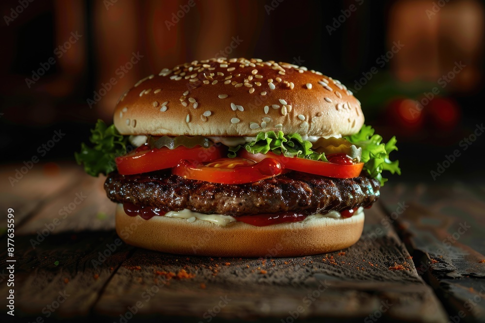 A juicy hamburger topped with crisp lettuce, ripe tomato, and melted cheese A juicy hamburger topped with crisp lettuce, ripe tomato, and melted cheese