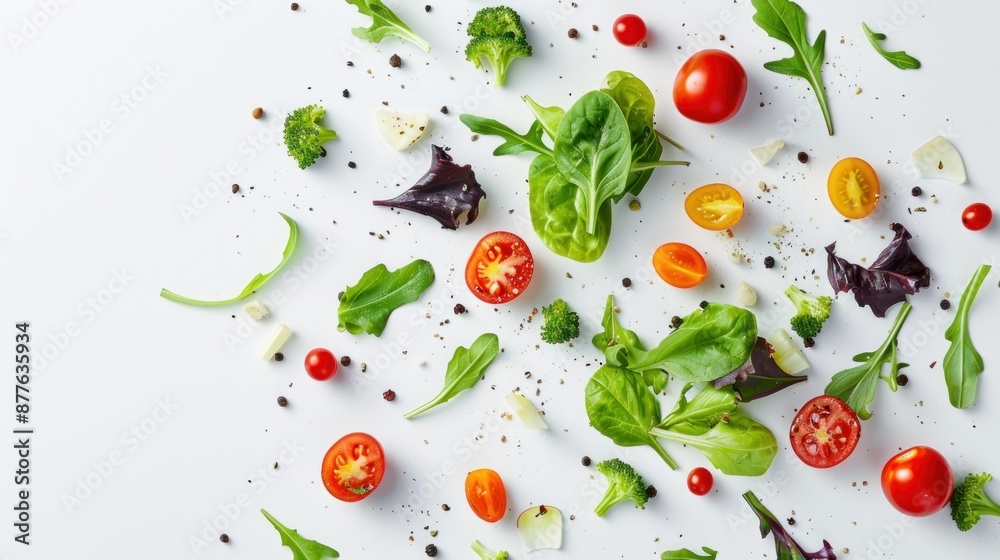 A salad with a variety of vegetables including lettuce, tomatoes, cucumbers A salad with a variety of vegetables including lettuce, tomatoes, cucumbers