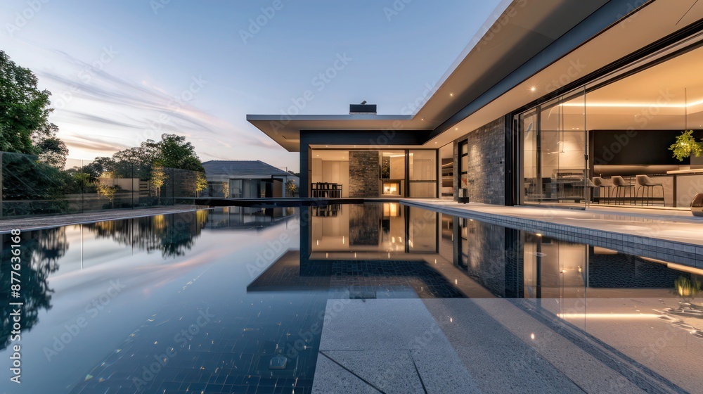 contemporary suburban home with an all-glass back wall that opens to a sophisticated infinity pool and integrated spa contemporary suburban home with an all-glass back wall that opens to a sophisticated infinity pool and integrated spa
