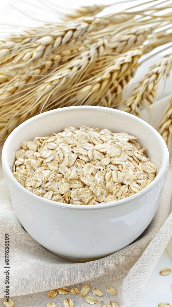 A white ceramic serving bowl with a handle, filled with wheat grains, sits on a white surface next to wheat stalks A white ceramic serving bowl with a handle, filled with wheat grains, sits on a white surface next to wheat stalks