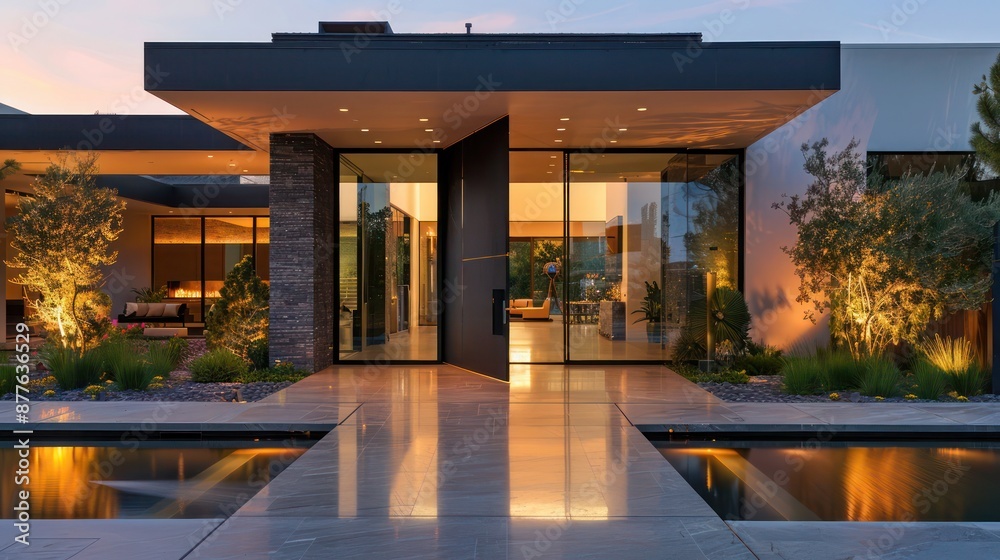 contemporary suburban home with a large, pivoting front door that ...