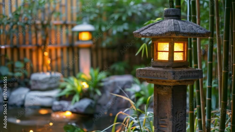 A stone lantern illuminates a Japanese garden at night, with bamboo stalks and a small pond visible in the background. A stone lantern illuminates a Japanese garden at night, with bamboo stalks and a small pond visible in the background.