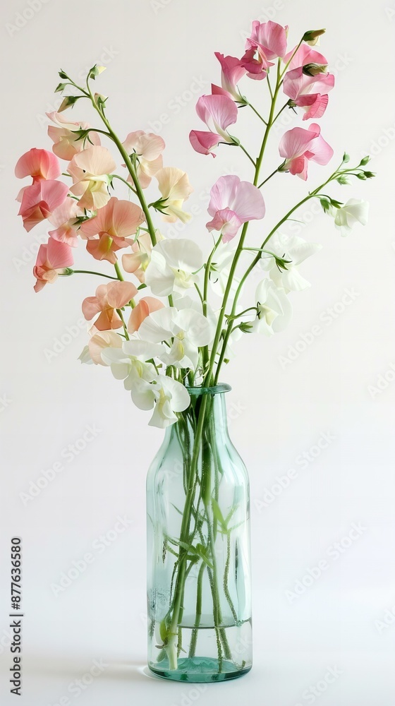 Vase with flowers: Sweet Pea, white background. Vase with flowers: Sweet Pea, white background.