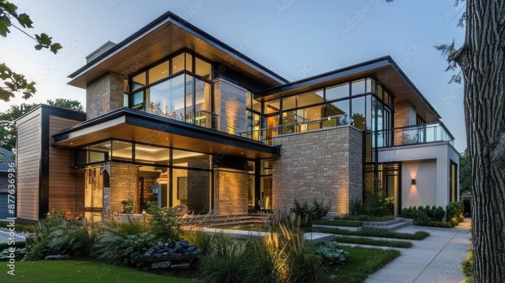 contemporary suburban home with a multi-textured facade that combines glass, wood, and stone to create a visually dynamic exterior