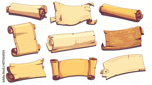 Ancient paper scrolls and documents icons. Simple dip