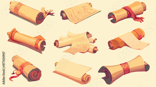 Ancient paper scrolls and documents icons. Simple dip