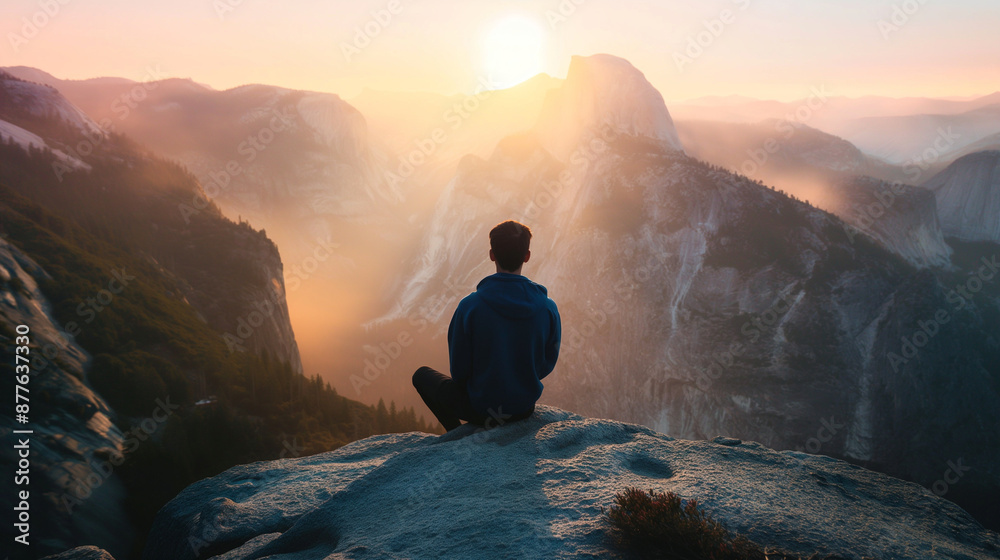 Man meditating on a cliff at sunrise overlooking yosemite national park