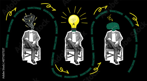 A vintage-style business collage with a man in a suit in an armchair. Business strategy and brainstorming. Vector illustration.