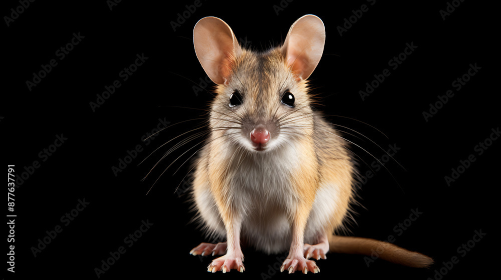 A cute brown and white mouse with big ears looking directly at the camera on a black background.
A cute brown and white mouse with big ears looking directly at the camera on a black background.