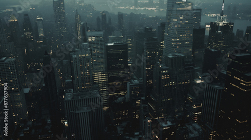 Dark cityscape of new york city at night showing office towers
