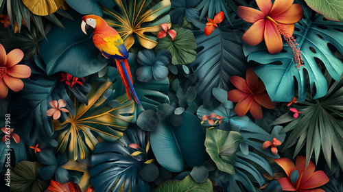 Colorful scarlet macaw perched on lush tropical foliage background