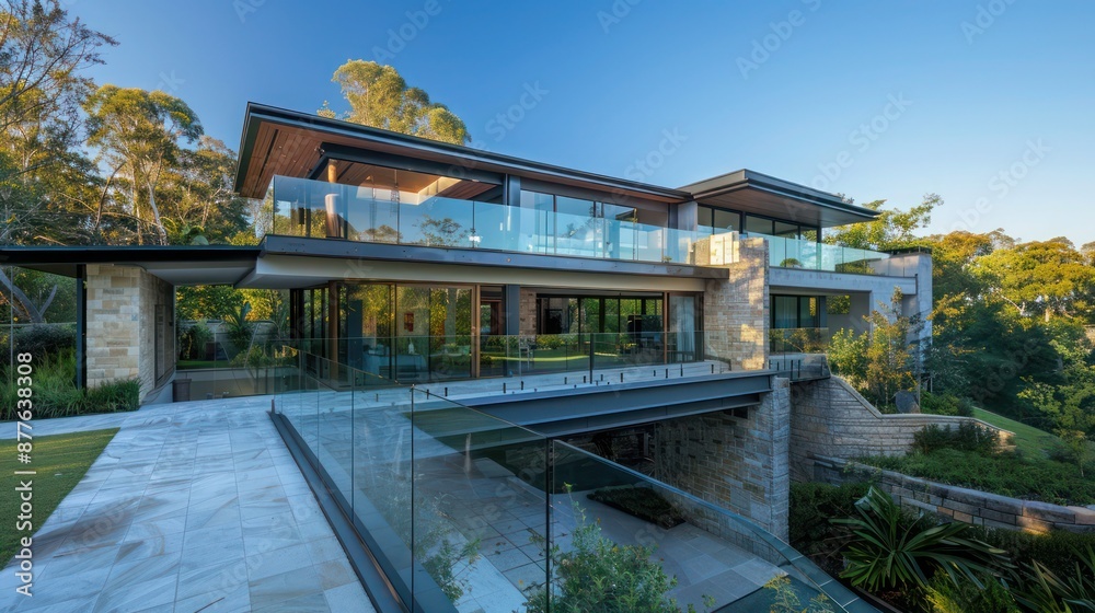 contemporary suburban home with a glass bridge that connects the main house to an annex, offering stunning views of the property contemporary suburban home with a glass bridge that connects the main house to an annex, offering stunning views of the property