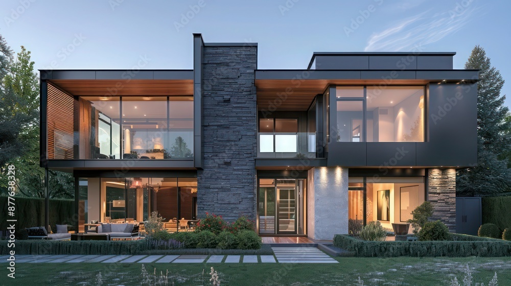 contemporary suburban home with a multi-textured facade that combines glass, wood, and stone to create a visually dynamic exterior