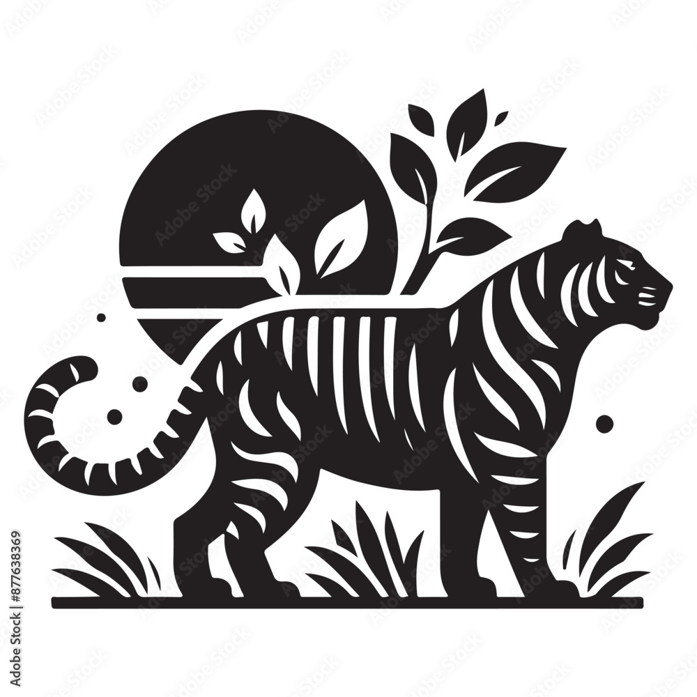 Fototapeta premium a black and white tiger standing in front of a sun