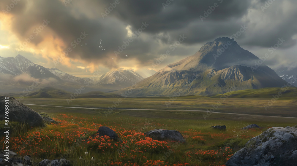 Fototapeta premium Dramatic sunset illuminating wildflowers blooming in mountain valley