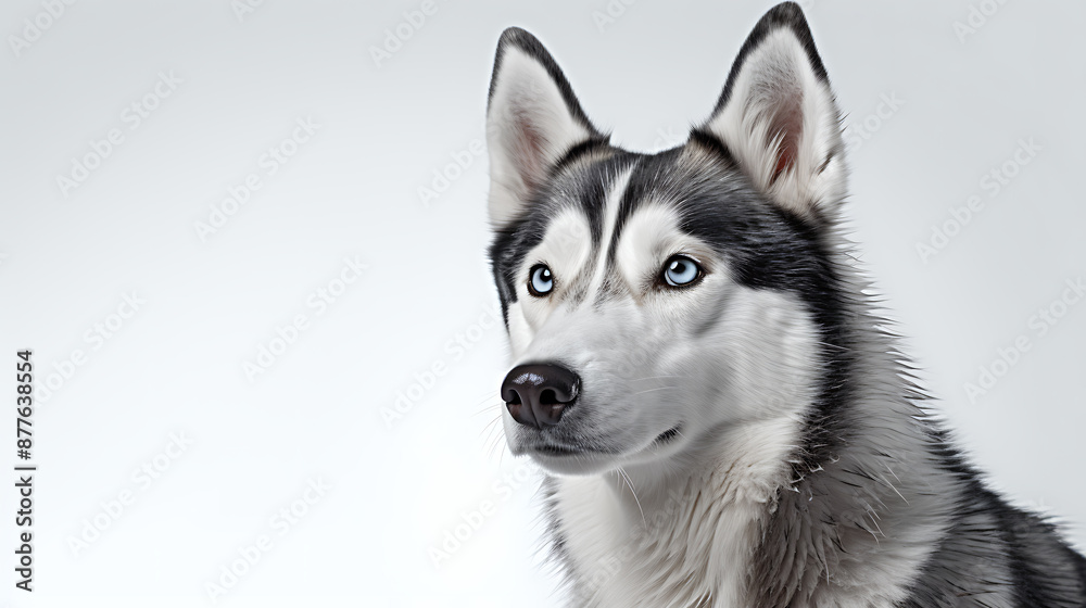 Fototapeta premium A husky with blue eyes and black and white fur, looking at the camera with a curious expression. 