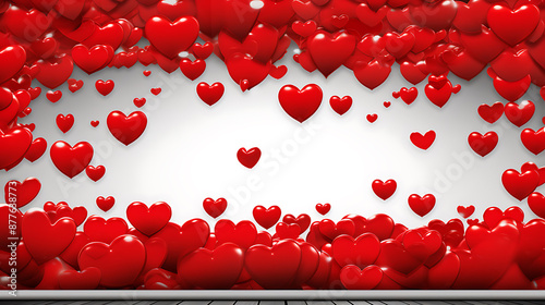 Red hearts falling on white background, creating a romantic and festive mood for Valentine's Day. 
