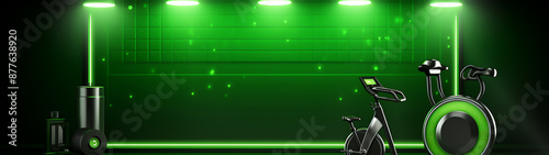 Black and green exercise bikes in a futuristic gym setting with neon lights, perfect for fitness and technology concepts. 
