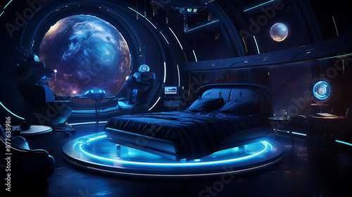 Futuristic bedroom with blue and black color scheme, a bed floating in a spaceship with a view of a planet, perfect for sci-fi and space exploration themes. 

