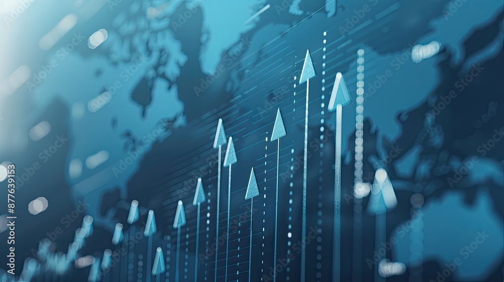 A 3D bar chart with an upward trend, set against a backdrop of a blue world map, indicating global growth A 3D bar chart with an upward trend, set against a backdrop of a blue world map, indicating global growth