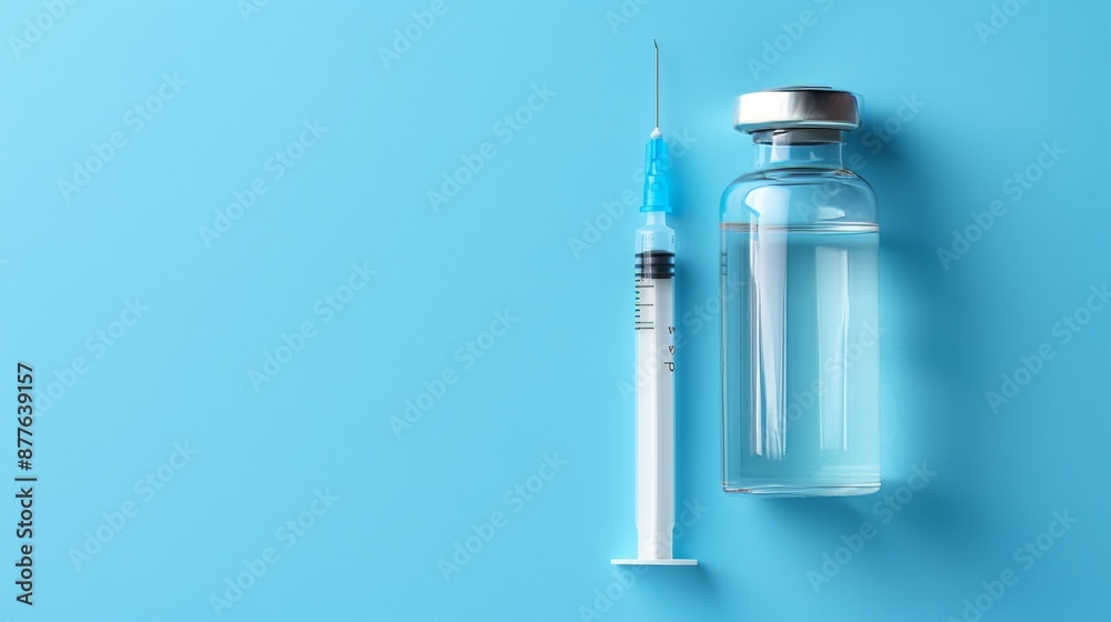 Vaccine bottle and syringe on blue background, top view with space for text placement Vaccine bottle and syringe on blue background, top view with space for text placement