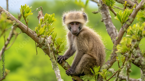 A cute brown baboon sitting on a green branch, perfect for wildlife and nature photography projects. 
