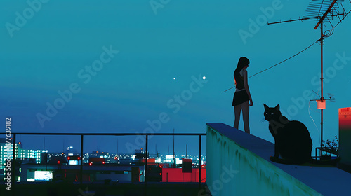 A woman and a cat silhouette on a rooftop with a blue and red color scheme, conveying a sense of loneliness and longing in a nocturnal cityscape. 
