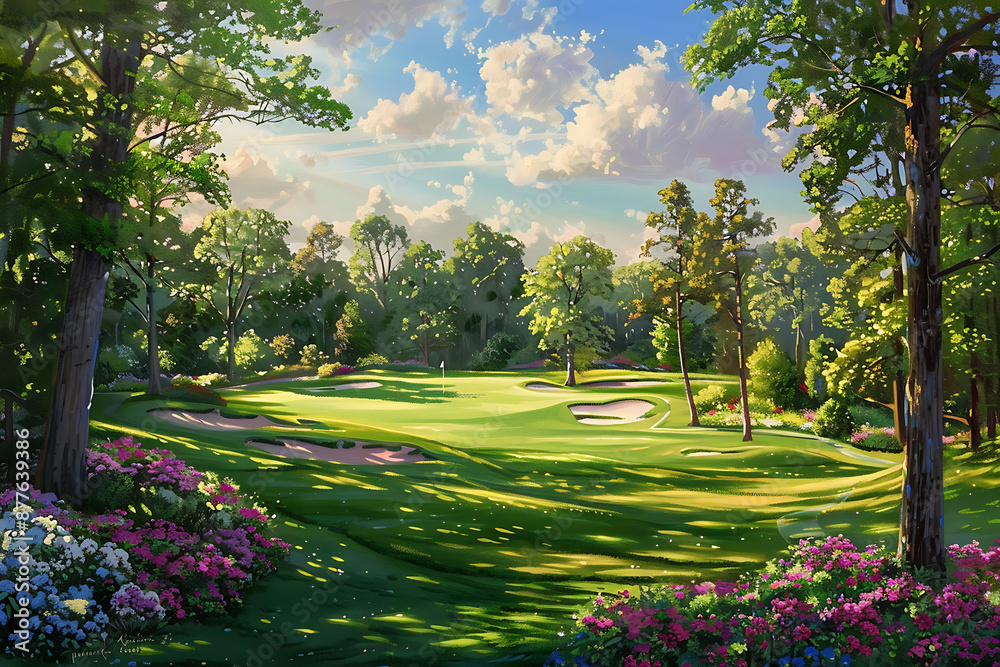 Fototapeta premium A picturesque green golf course with vibrant pink flowers, showcasing the beauty of nature and the joy of the sport. 