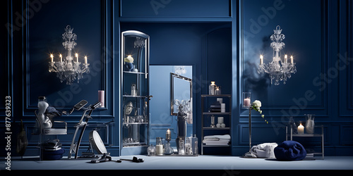 Elegant blue and silver interior design with crystal chandeliers, creating a luxurious and sophisticated atmosphere. 