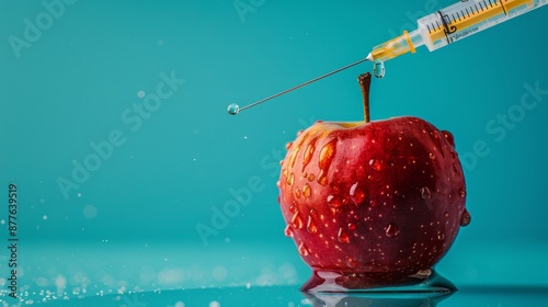 Syringe injecting apple on blue background with generous space for accommodating text photo