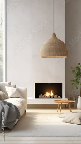 Cozy living room with a fireplace, a beige couch, and a woven pendant lamp, perfect for a relaxing winter evening. 
