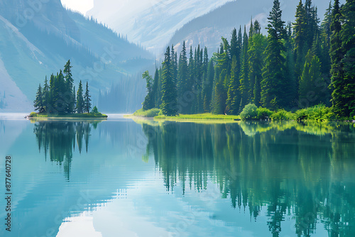 Serene mountain lake with green trees reflecting in the still blue water, perfect for nature and tranquility themes. 