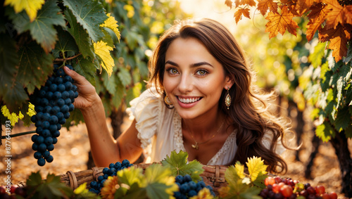 Giovane donna sorridente durante la vendemmia dell'uva in Italia per fare il vino photo