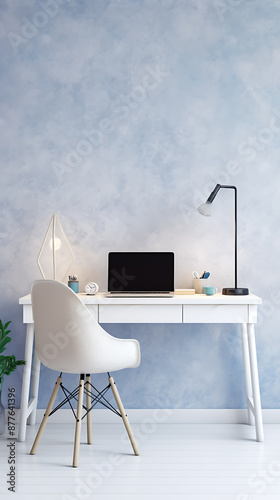 Minimalist white desk with laptop, chair, and lamp against a blue wall, perfect for a modern home office. 
