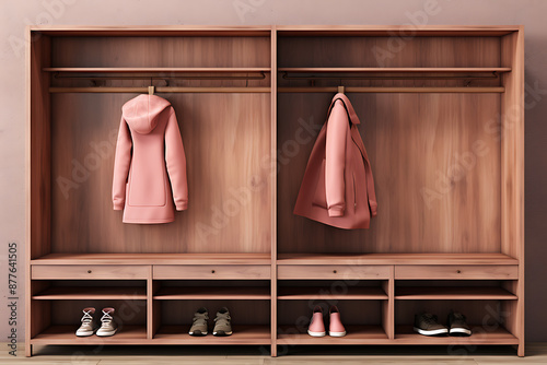 Pink jackets and shoes in a wooden closet, minimalist style, perfect for home decor and interior design. 
